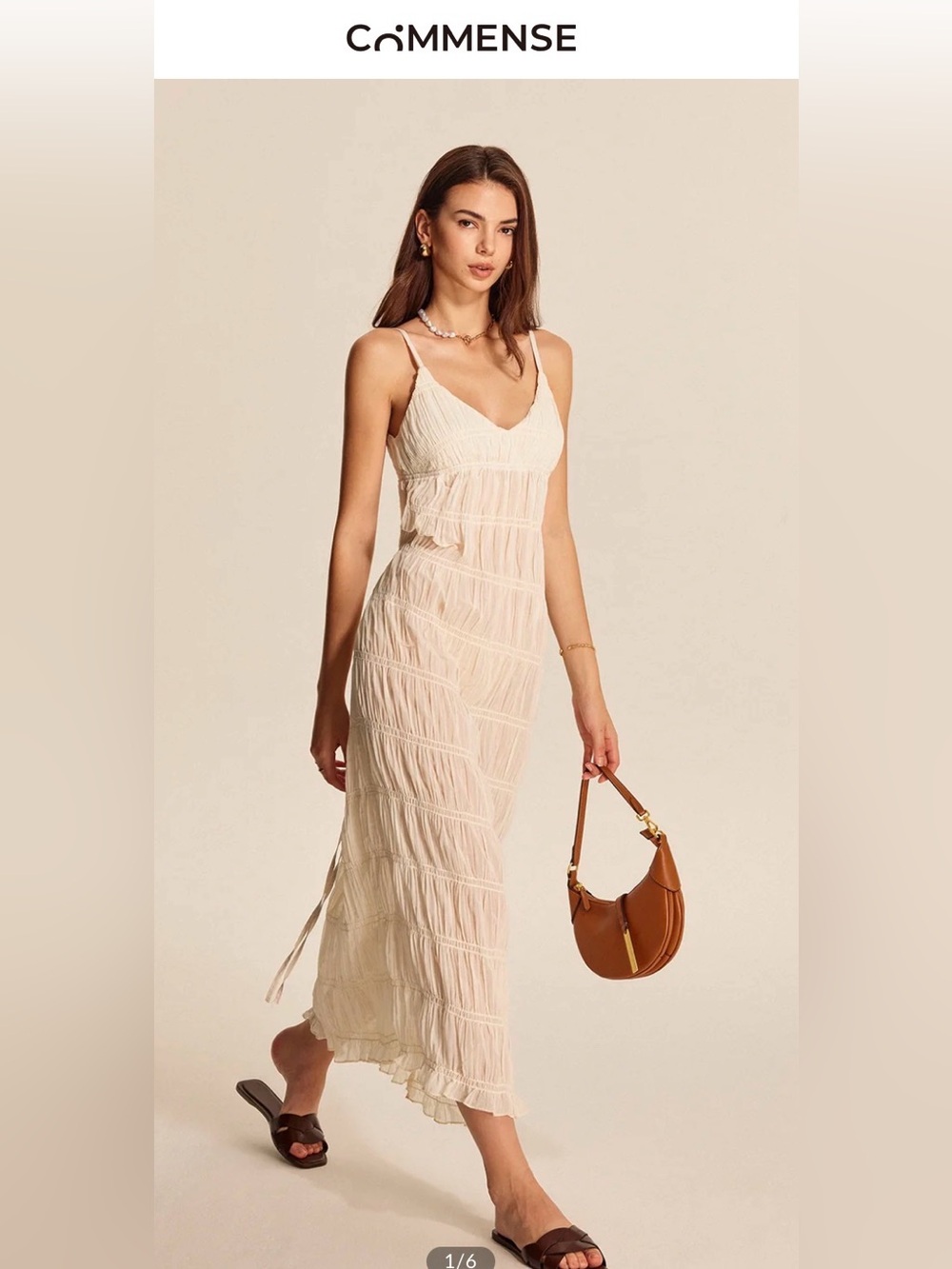 Commense Cream Semi-Sheer Strappy Pleated Dress